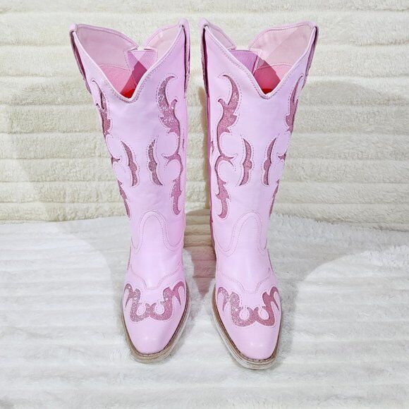 Dazzle Darlings Baby Pink Glitter Inset Cowboy Cowgirl Pull On Mid Calf Boots