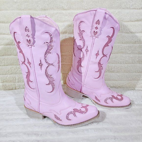 Dazzle Darlings Baby Pink Glitter Inset Cowboy Cowgirl Pull On Mid Calf Boots