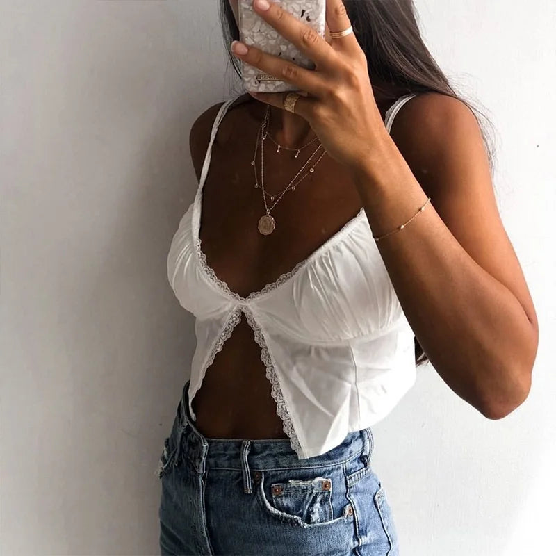 Nukty White Lace Backless Women Sleeveless Tops - Sexy Summer Camisoles