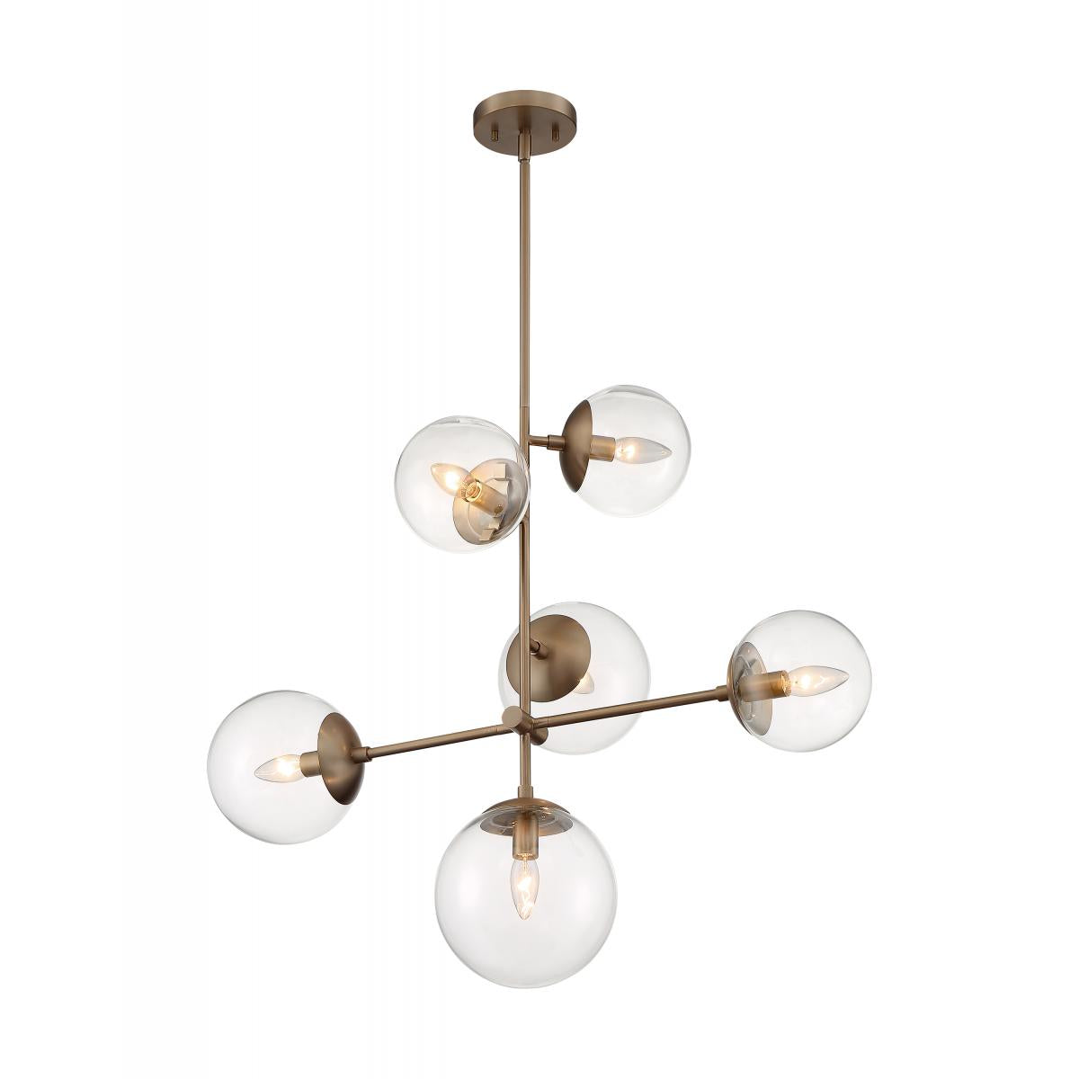 SKY 6 LIGHT PENDANT - Modern Chandelier with Clear Glass and Burnished Brass Finish