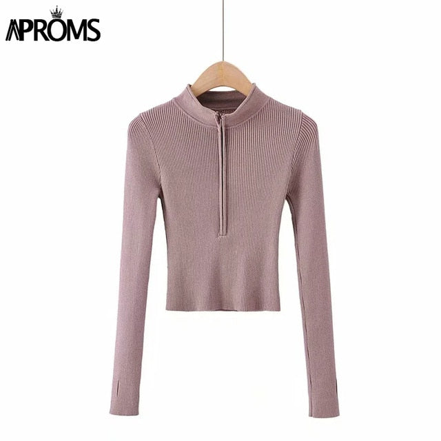 Aproms Elegant High Neck Zipper Front Knitted Sweater for Women