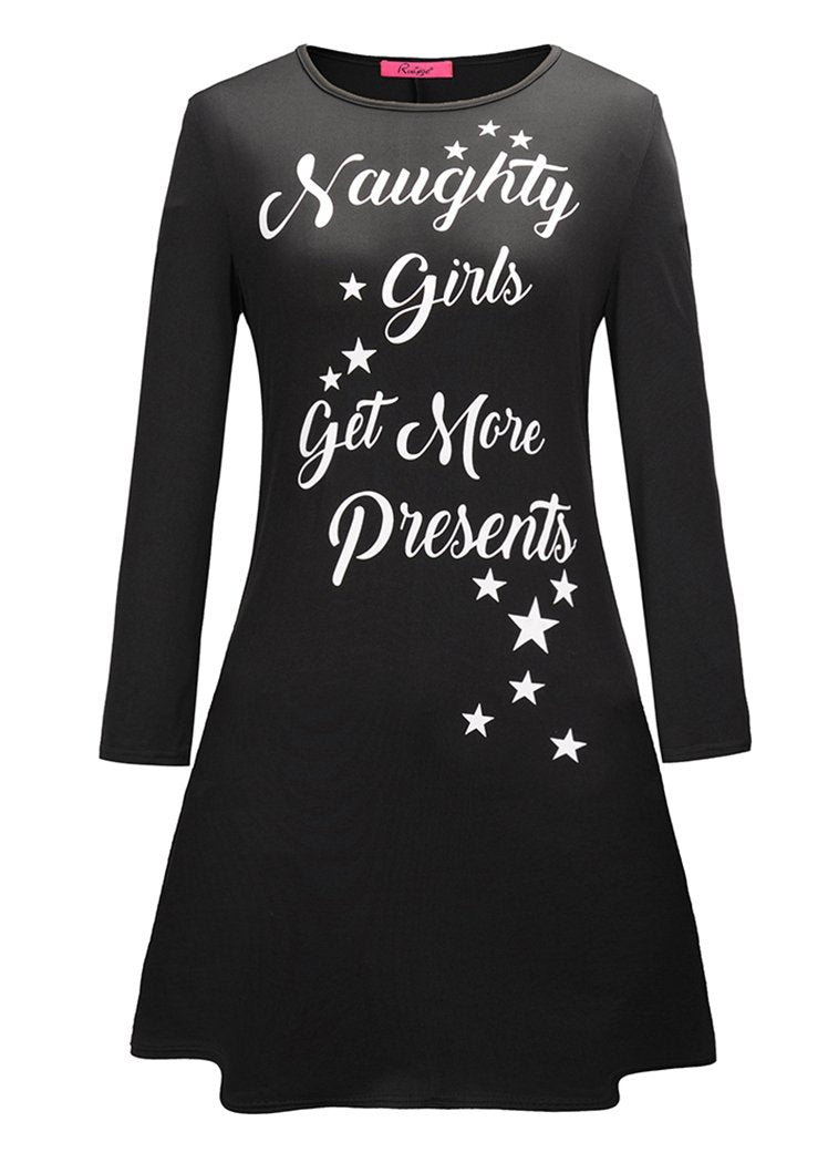 Fashion Christmas Letters Printing Round Neck Long Sleeve Flared Midi Dress