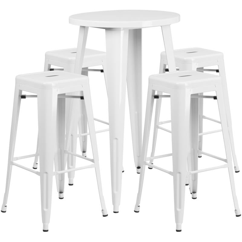 Flash Furniture Ormsby Commercial Grade 24 Round White Metal Indoor-Outdoor Bar Table Set with 4 Square Seat Backless Stools