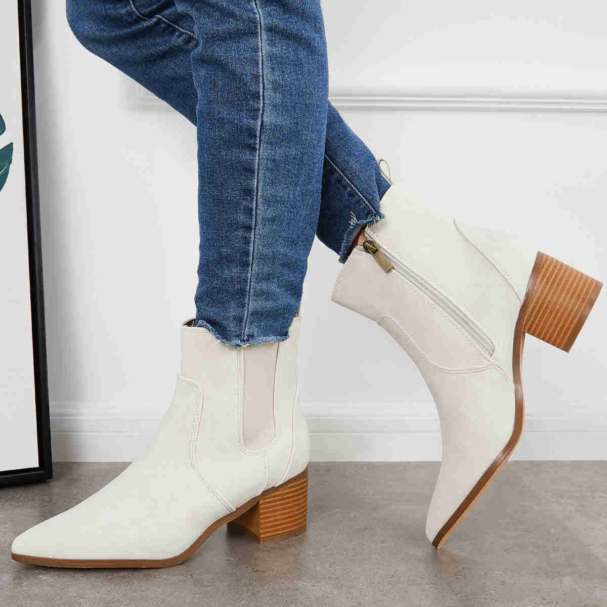 Pointed Toe Western Cowboy Booties Chunky Heel Chelsea Ankle Boots
