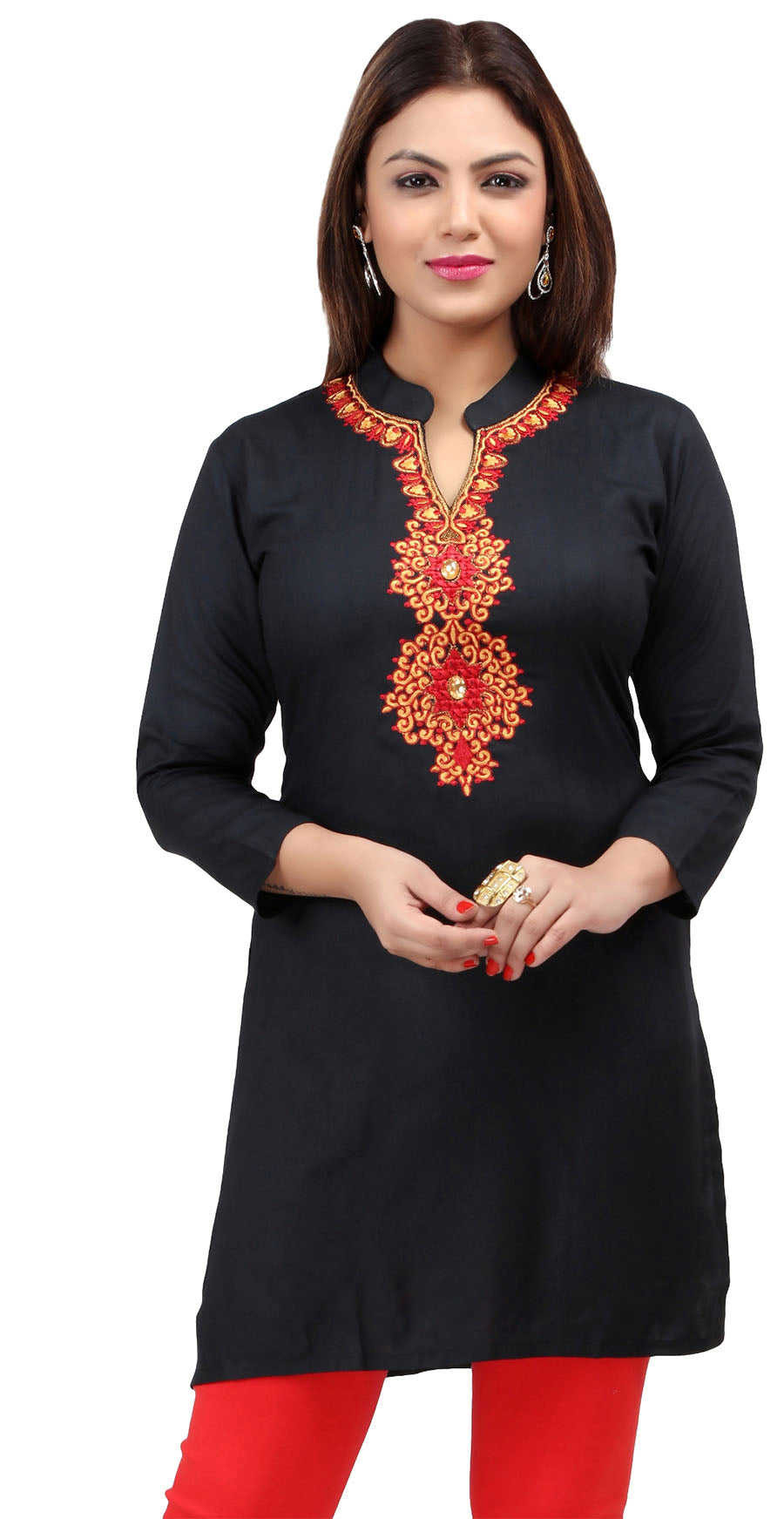 Short Kurti Womens Blouse Embroidered Indian Clothing (Black)