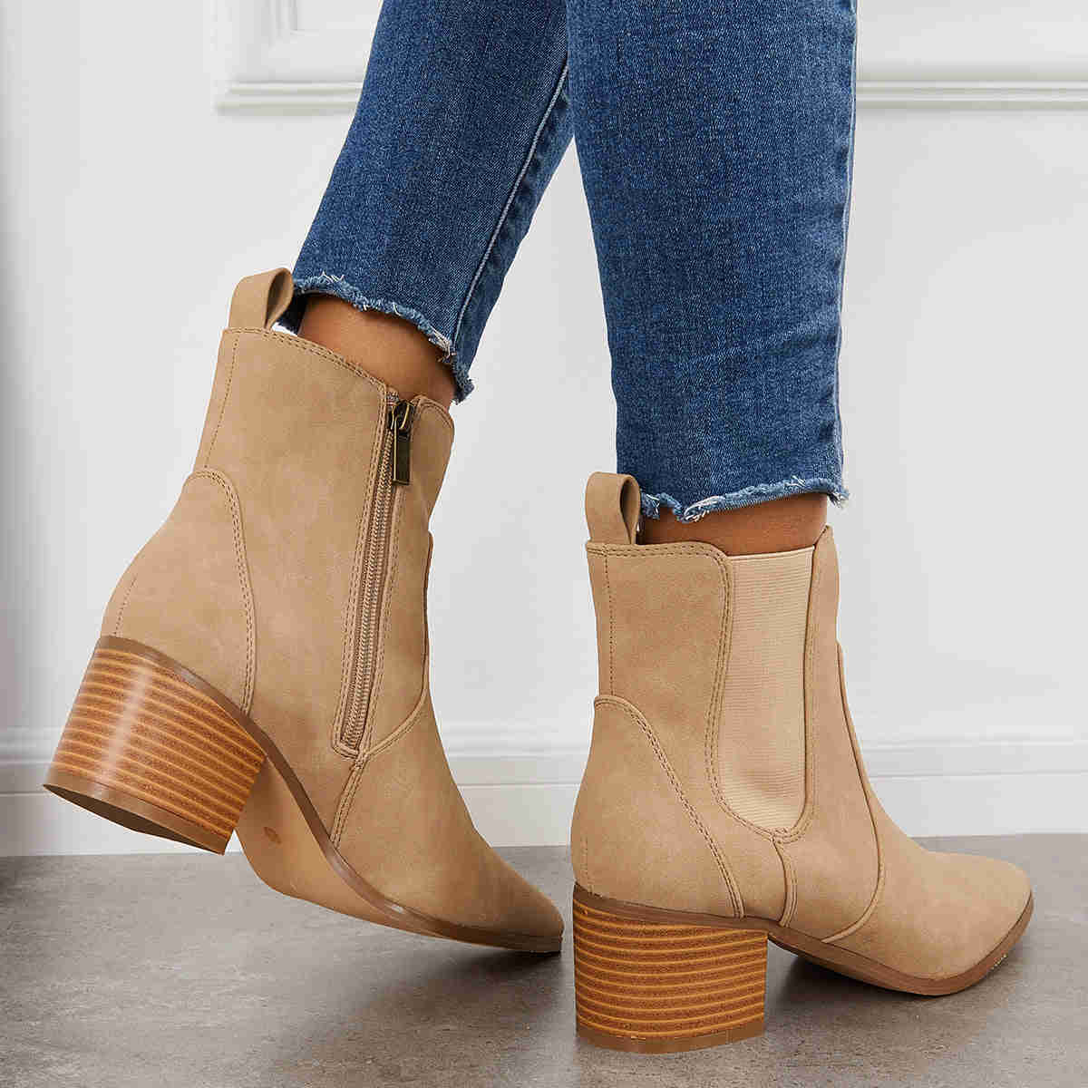 Pointed Toe Western Cowboy Booties Chunky Heel Chelsea Ankle Boots