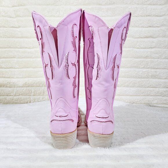 Dazzle Darlings Baby Pink Glitter Inset Cowboy Cowgirl Pull On Mid Calf Boots