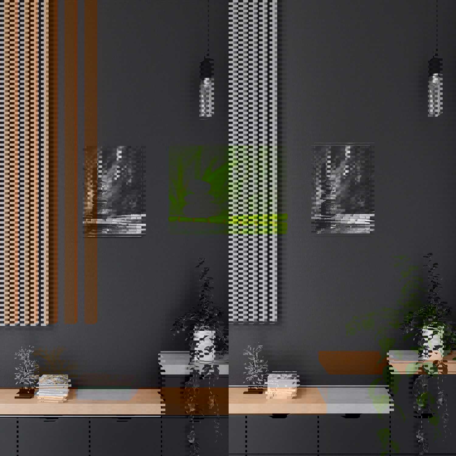 Stacked Stones on Bamboo Forest Floral Nature Photography Canvas Wall Art