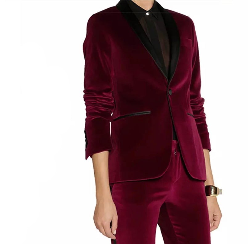 Wine Red Elegant Tuxedo Blazer with Black Lapel