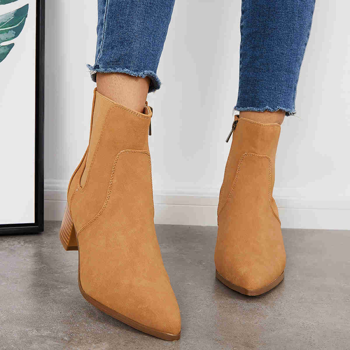 Pointed Toe Western Cowboy Booties Chunky Heel Chelsea Ankle Boots