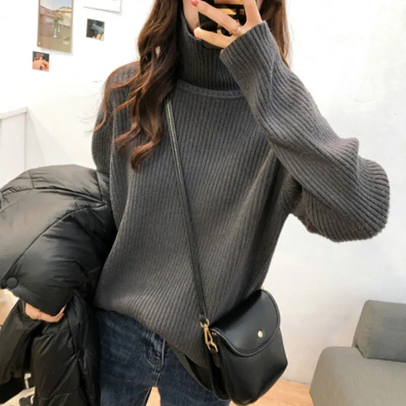 Nukty Turtleneck Knitted Women Sweater - Streetwear Long Sleeve Pullover
