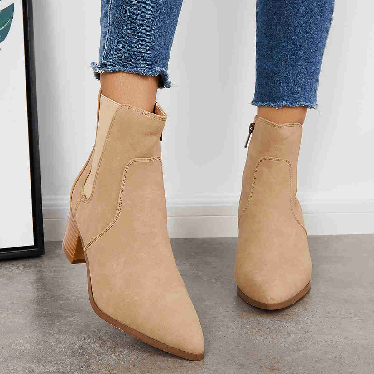 Pointed Toe Western Cowboy Booties Chunky Heel Chelsea Ankle Boots