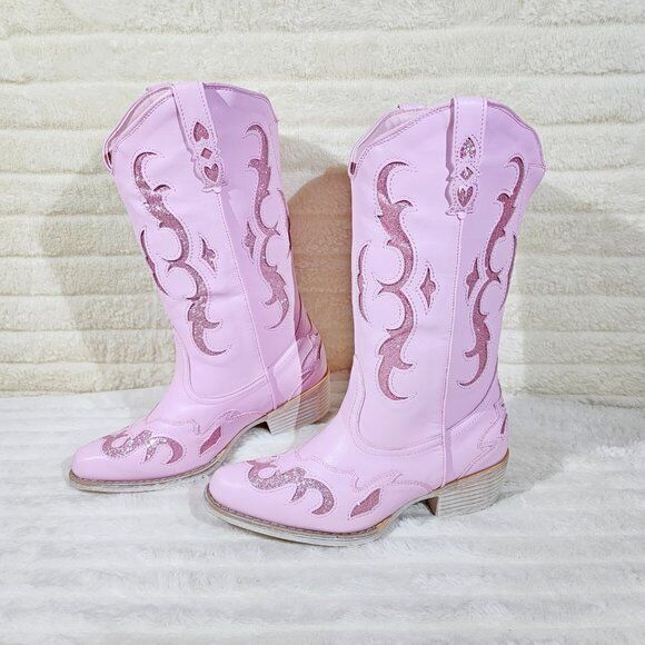 Dazzle Darlings Baby Pink Glitter Inset Cowboy Cowgirl Pull On Mid Calf Boots