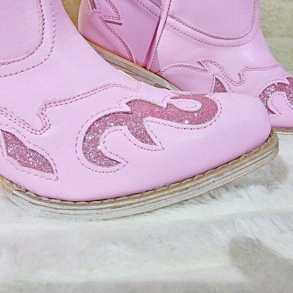 Dazzle Darlings Baby Pink Glitter Inset Cowboy Cowgirl Pull On Mid Calf Boots