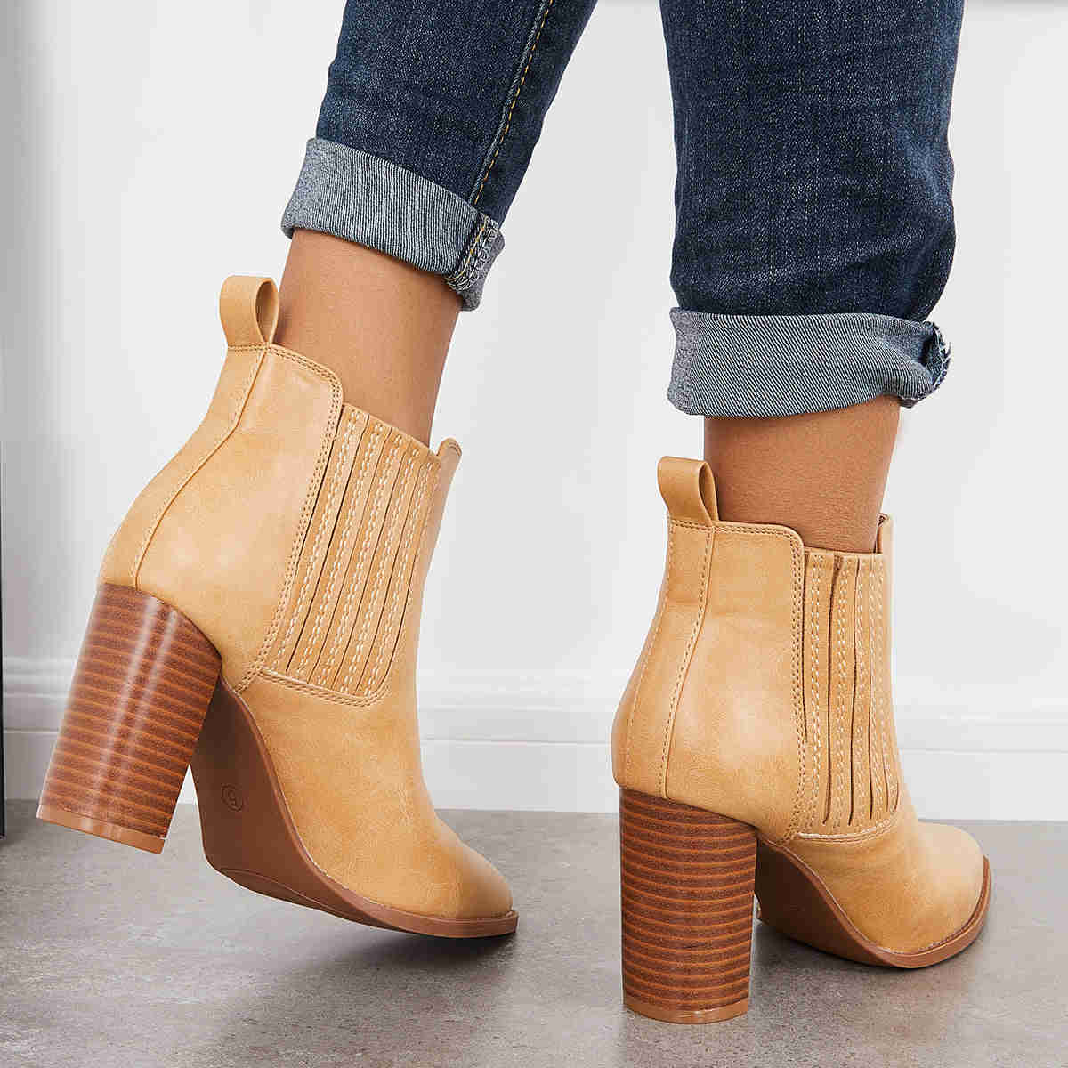 Pointed Toe Chunky High Heel Ankle Boots Slip on Western Booties