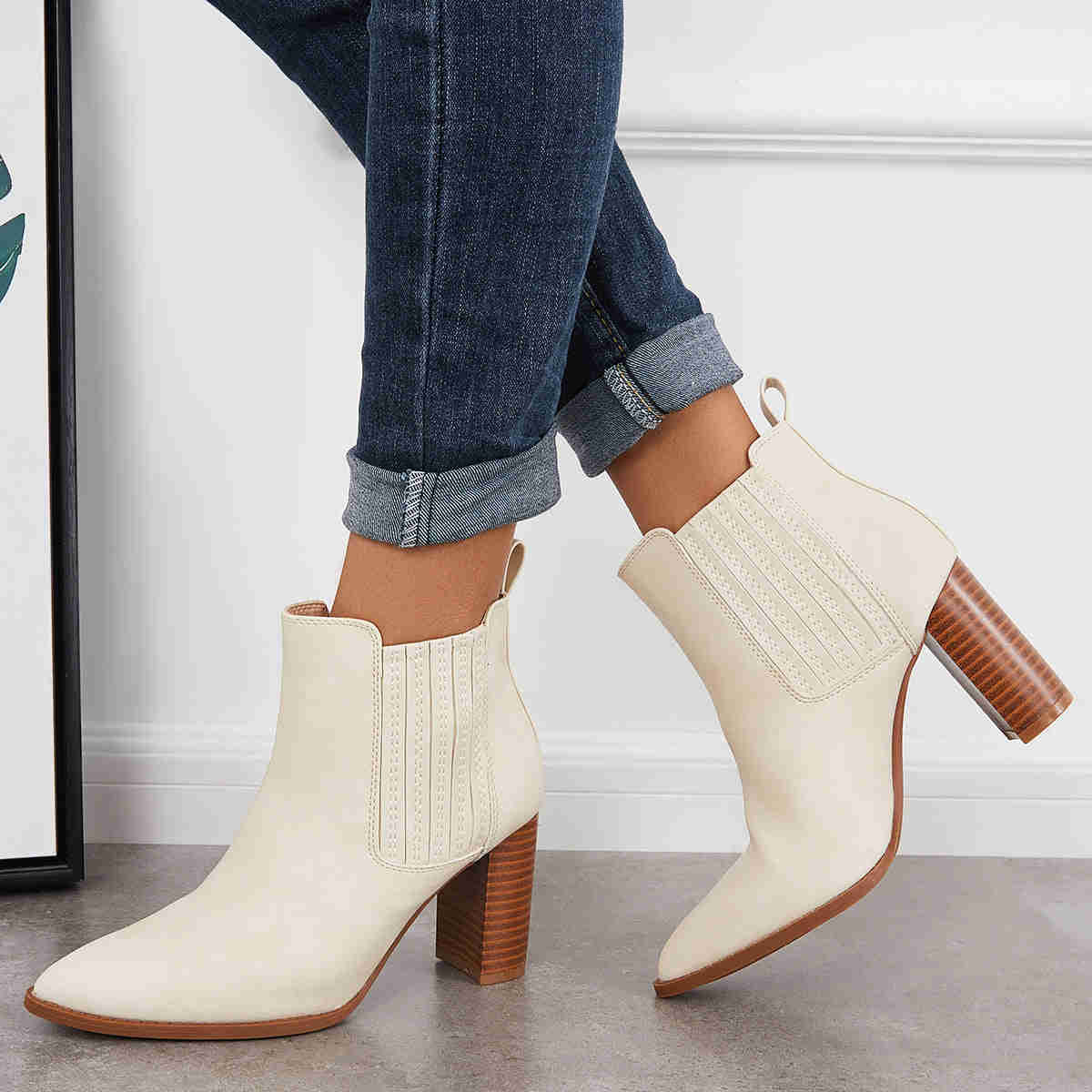 Pointed Toe Chunky High Heel Ankle Boots Slip on Western Booties