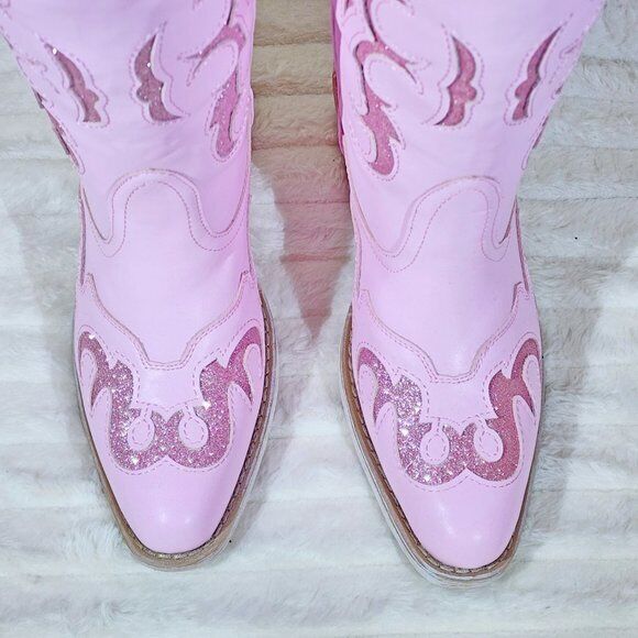 Dazzle Darlings Baby Pink Glitter Inset Cowboy Cowgirl Pull On Mid Calf Boots