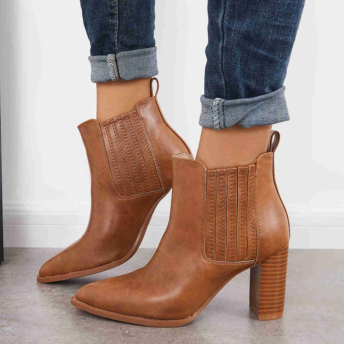 Pointed Toe Chunky High Heel Ankle Boots Slip on Western Booties