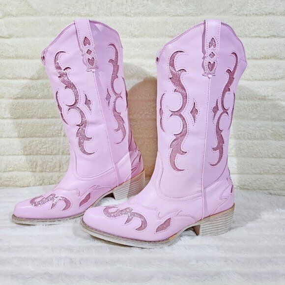 Dazzle Darlings Baby Pink Glitter Inset Cowboy Cowgirl Pull On Mid Calf Boots
