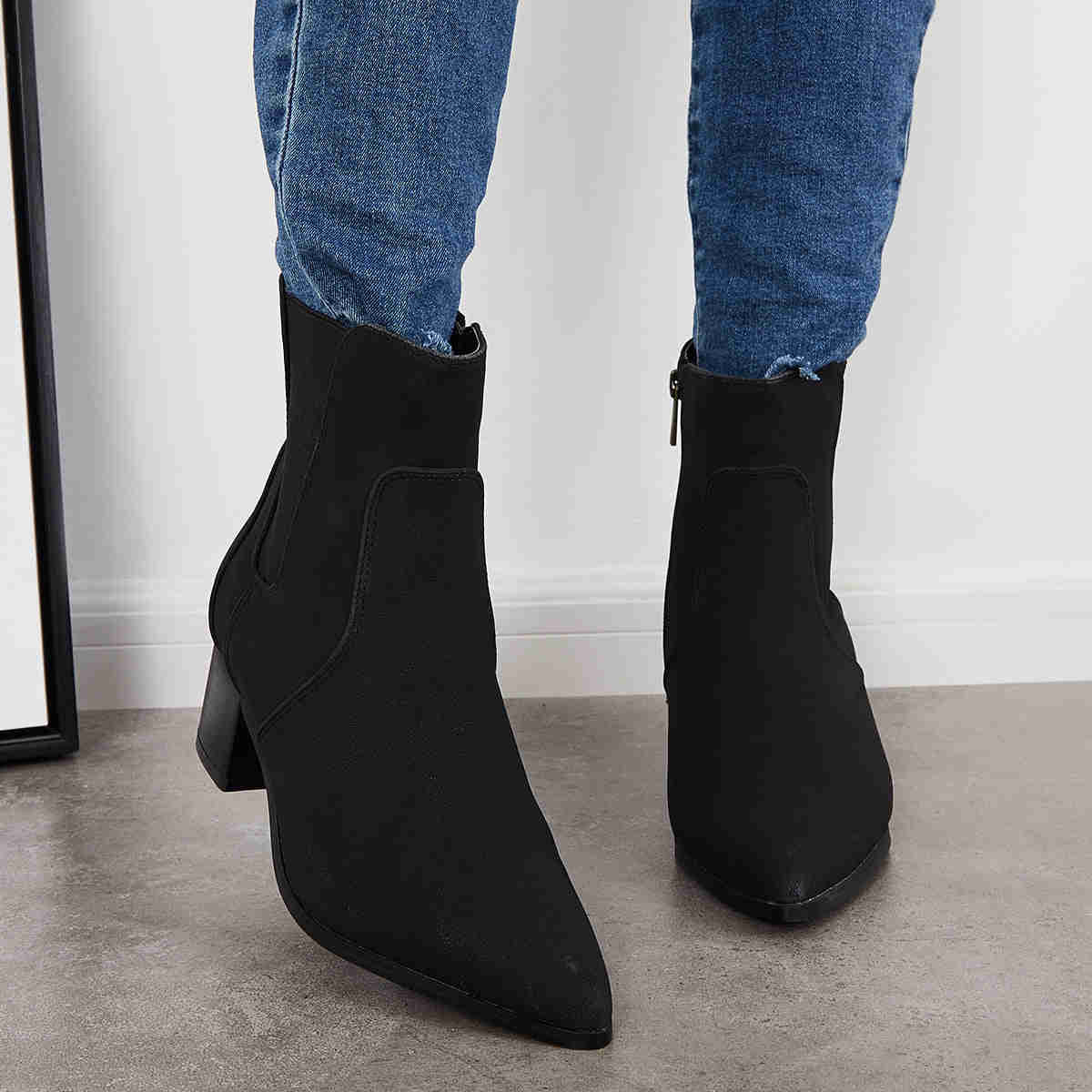 Pointed Toe Western Cowboy Booties Chunky Heel Chelsea Ankle Boots