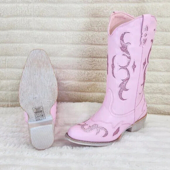 Dazzle Darlings Baby Pink Glitter Inset Cowboy Cowgirl Pull On Mid Calf Boots