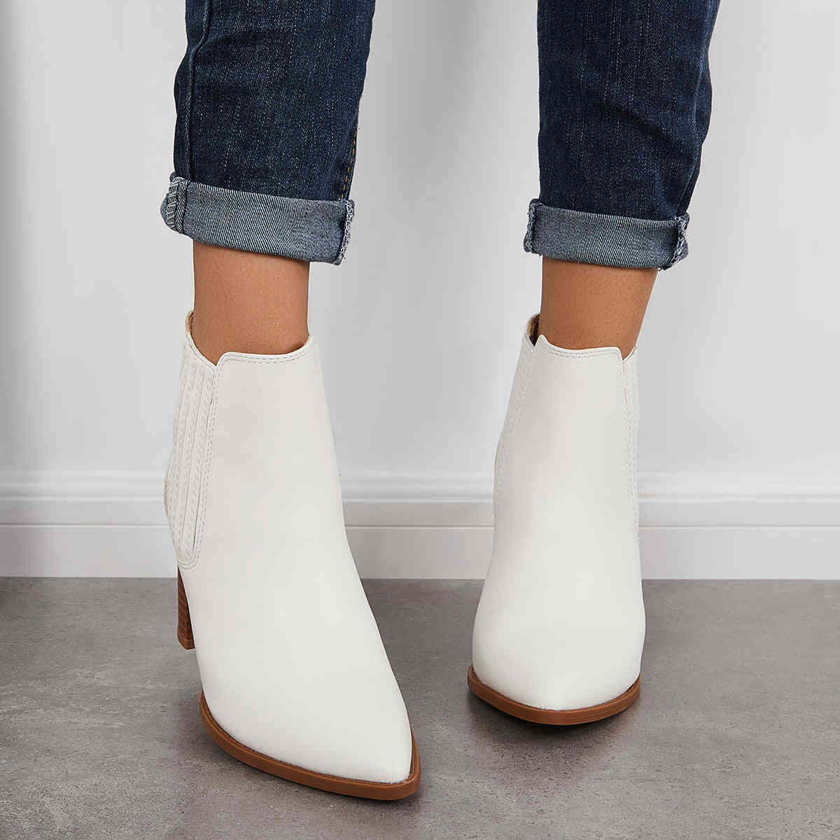 Pointed Toe Chunky High Heel Ankle Boots Slip on Western Booties