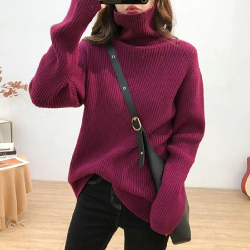 Nukty Turtleneck Knitted Women Sweater - Streetwear Long Sleeve Pullover