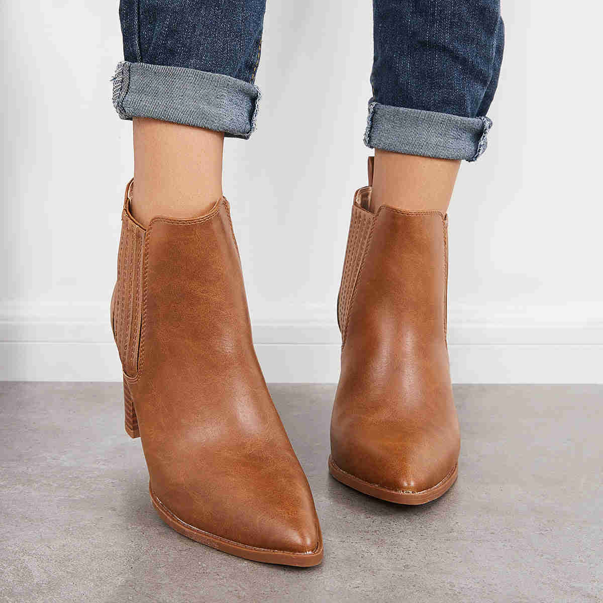 Pointed Toe Chunky High Heel Ankle Boots Slip on Western Booties