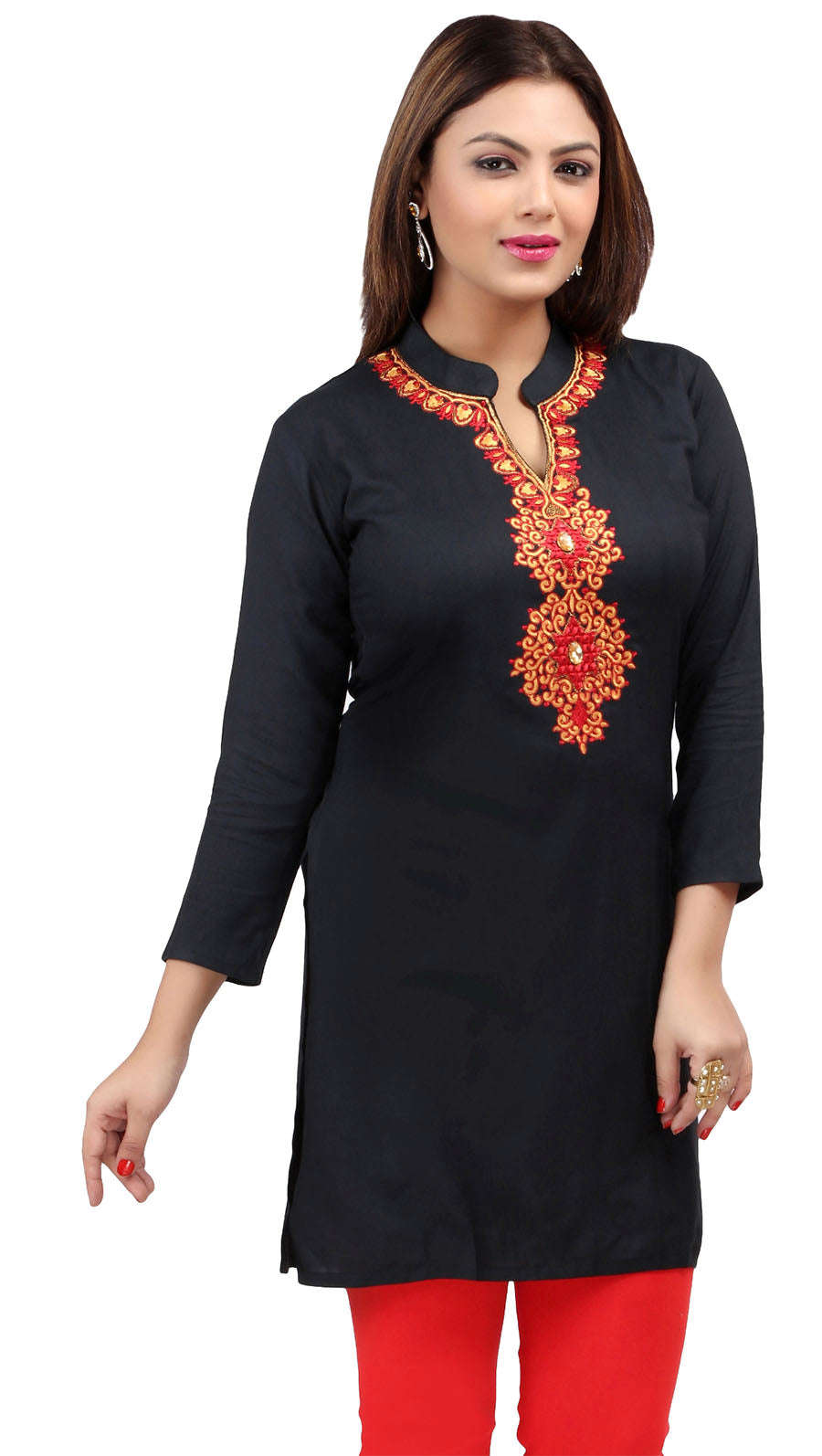 Short Kurti Womens Blouse Embroidered Indian Clothing (Black)