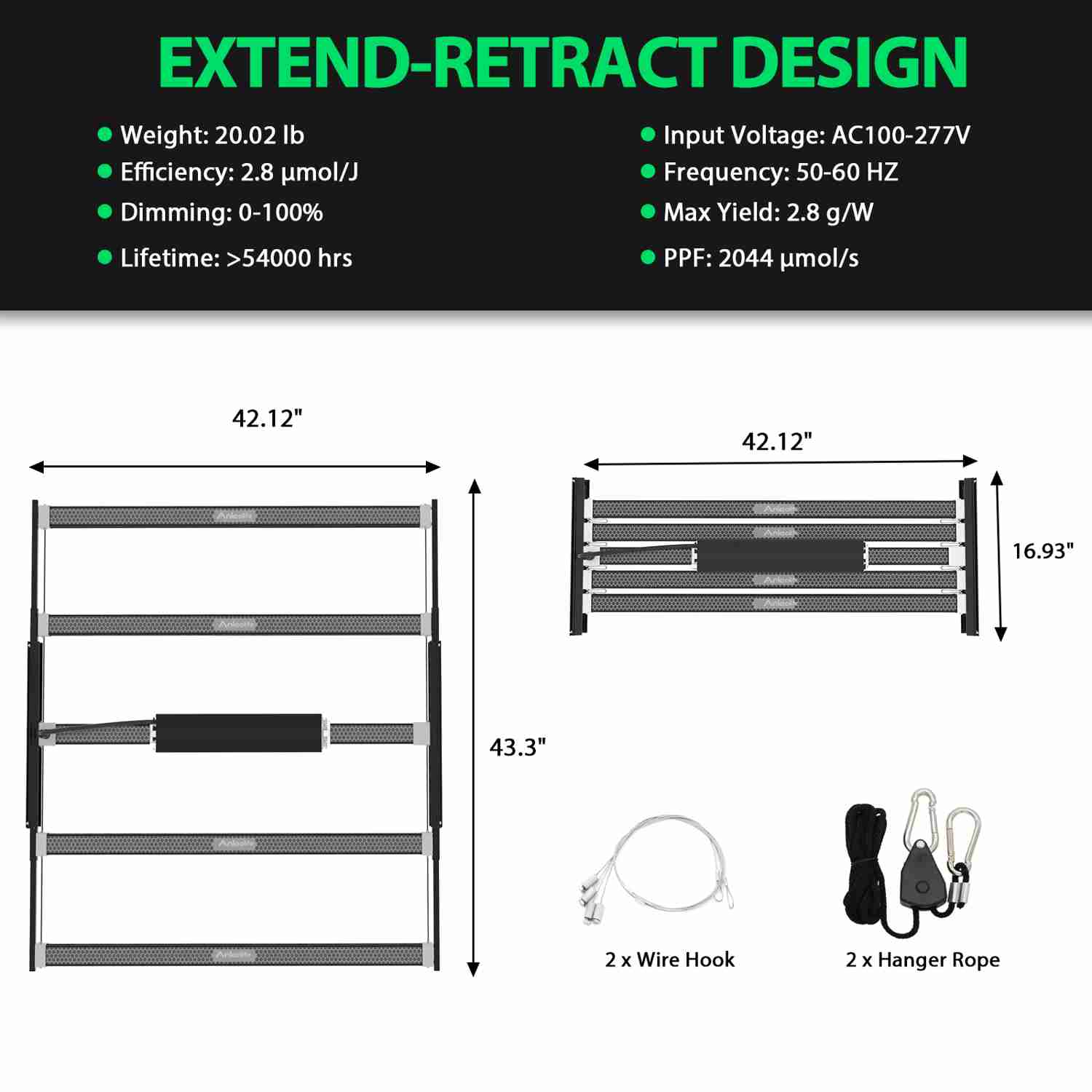 Stretchable LED Grow Lights 730W Full Spectrum Lamp For Indoor/Tent Use (730W Black)