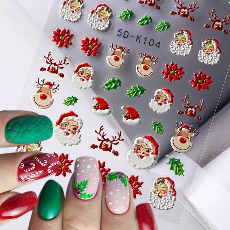 Qfdian Christmas Decor Ideas Nightmare Before Christmas 1PC 5D Nail Stickers Winter Santa Claus Self-Adhesive Slider Nail Art Decorations