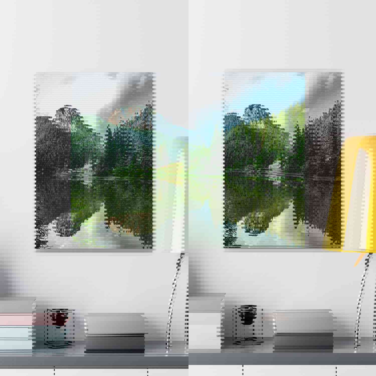Green Forest With Lake Reflection Nature Wilderness Photography Canvas Wall Art