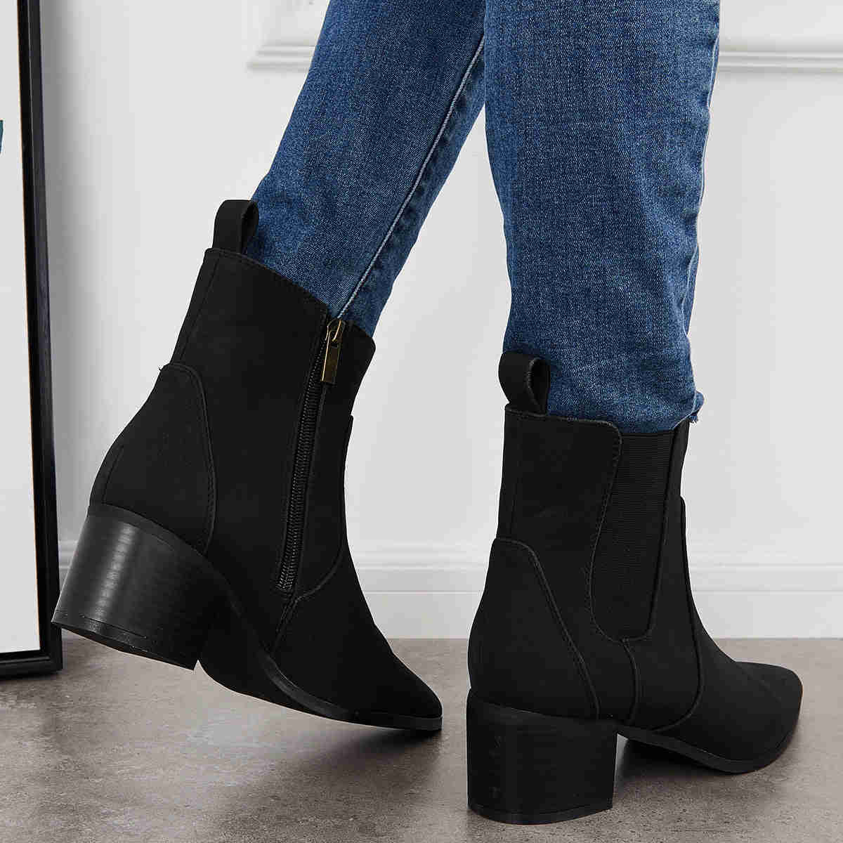 Pointed Toe Western Cowboy Booties Chunky Heel Chelsea Ankle Boots