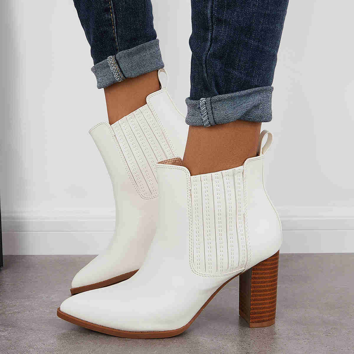 Pointed Toe Chunky High Heel Ankle Boots Slip on Western Booties