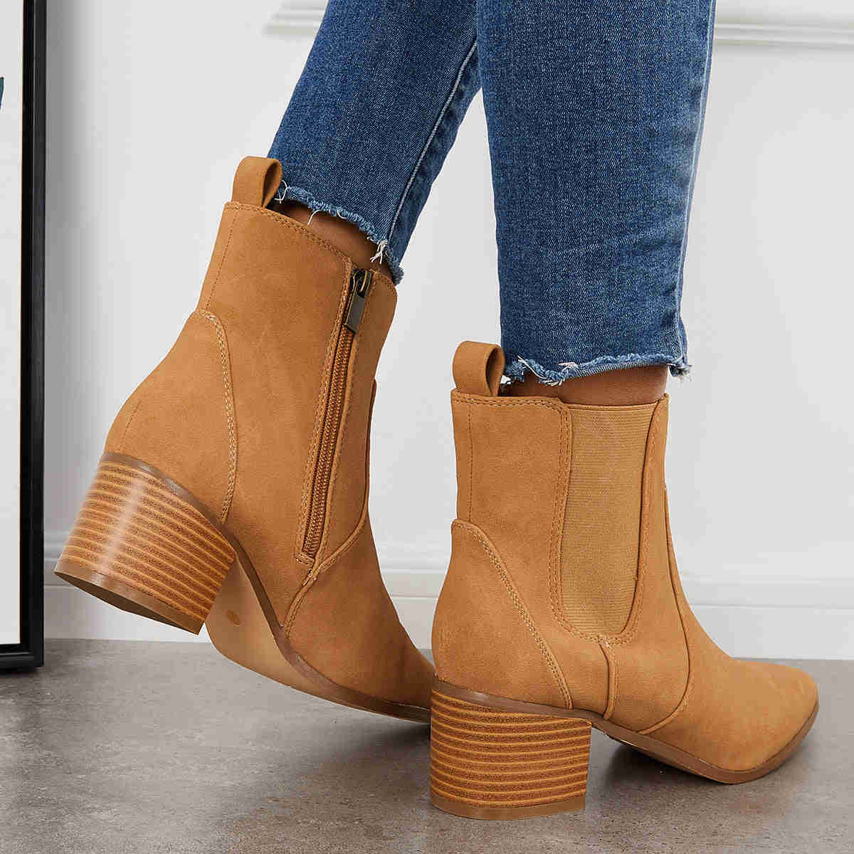 Pointed Toe Western Cowboy Booties Chunky Heel Chelsea Ankle Boots