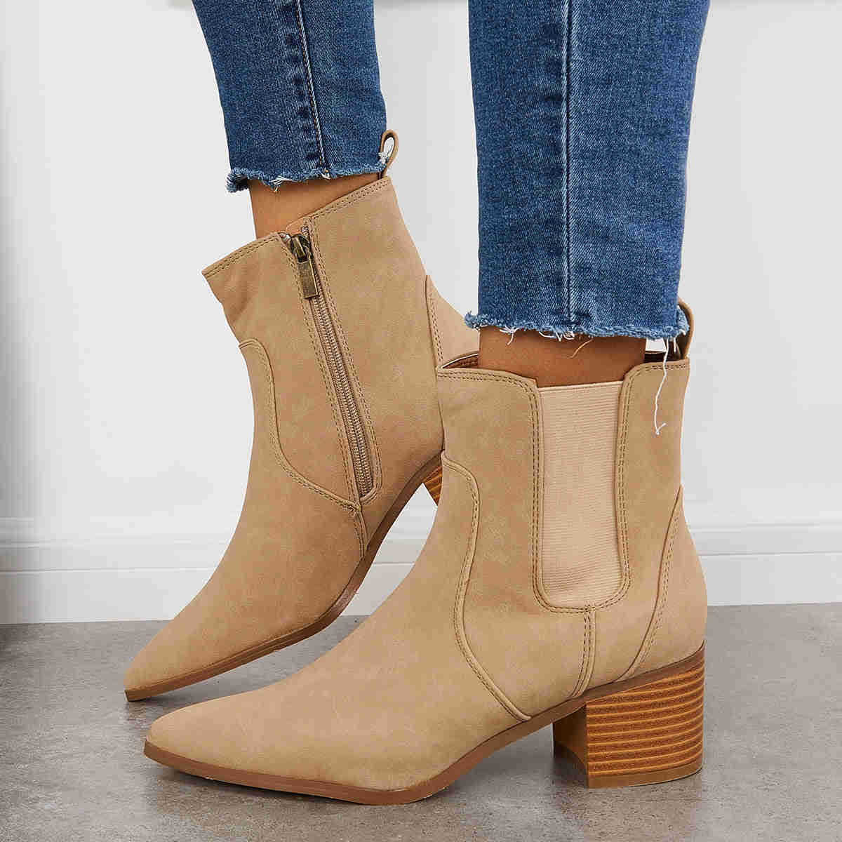 Pointed Toe Western Cowboy Booties Chunky Heel Chelsea Ankle Boots