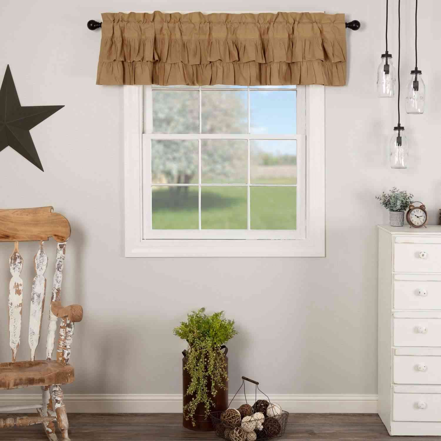 Simple Life Flax Khaki Ruffled Valance 16x72 - Premium Cotton Linen Blend Farmhouse Decor