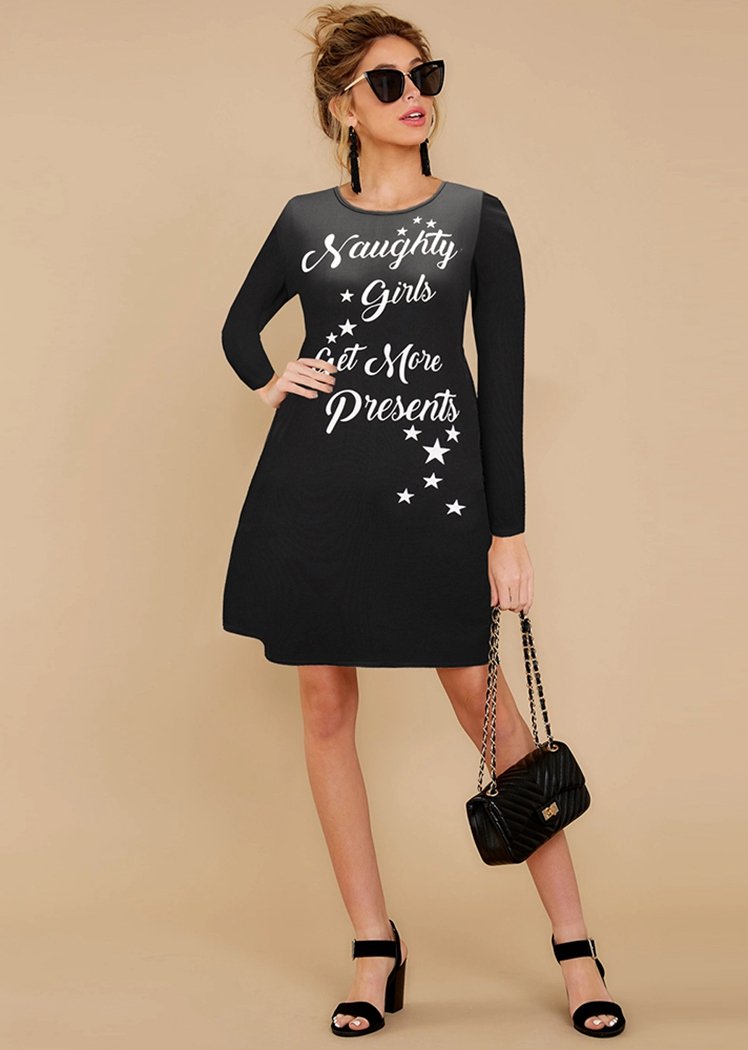 Fashion Christmas Letters Printing Round Neck Long Sleeve Flared Midi Dress