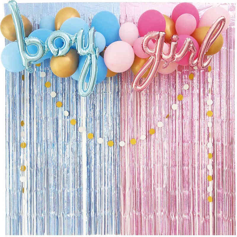 Baby Shower Decoration Backdrop with Rain Curtain and Gender Reveal Balloons