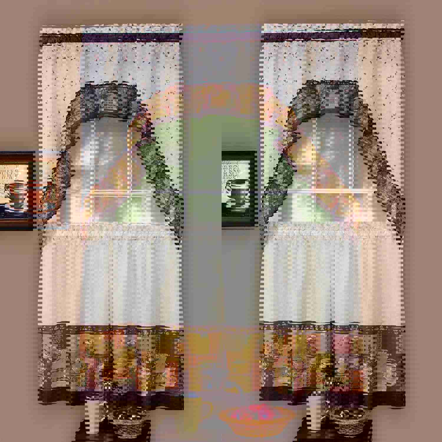 Coffee Printed Tier and Swag Kitchen Curtain Set, 57x24 Inches, Multi