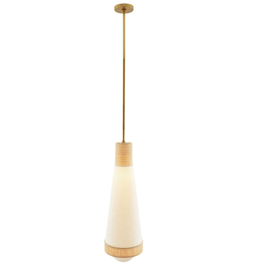 Shreveport Pendant - Adjustable Height White Linen Lamp with Natural Raffia Banding