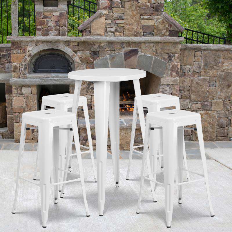 Flash Furniture Ormsby Commercial Grade 24 Round White Metal Indoor-Outdoor Bar Table Set with 4 Square Seat Backless Stools