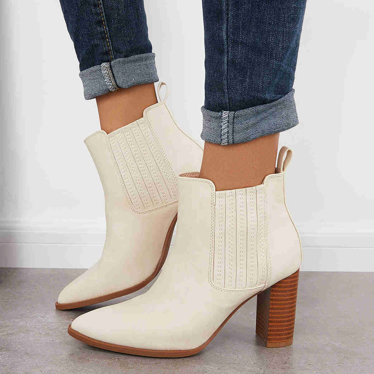Pointed Toe Chunky High Heel Ankle Boots Slip on Western Booties