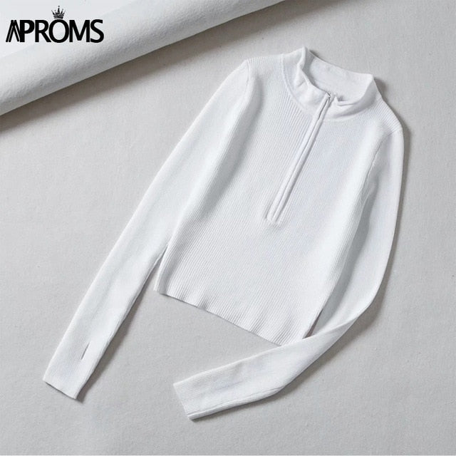 Aproms Elegant High Neck Zipper Front Knitted Sweater for Women