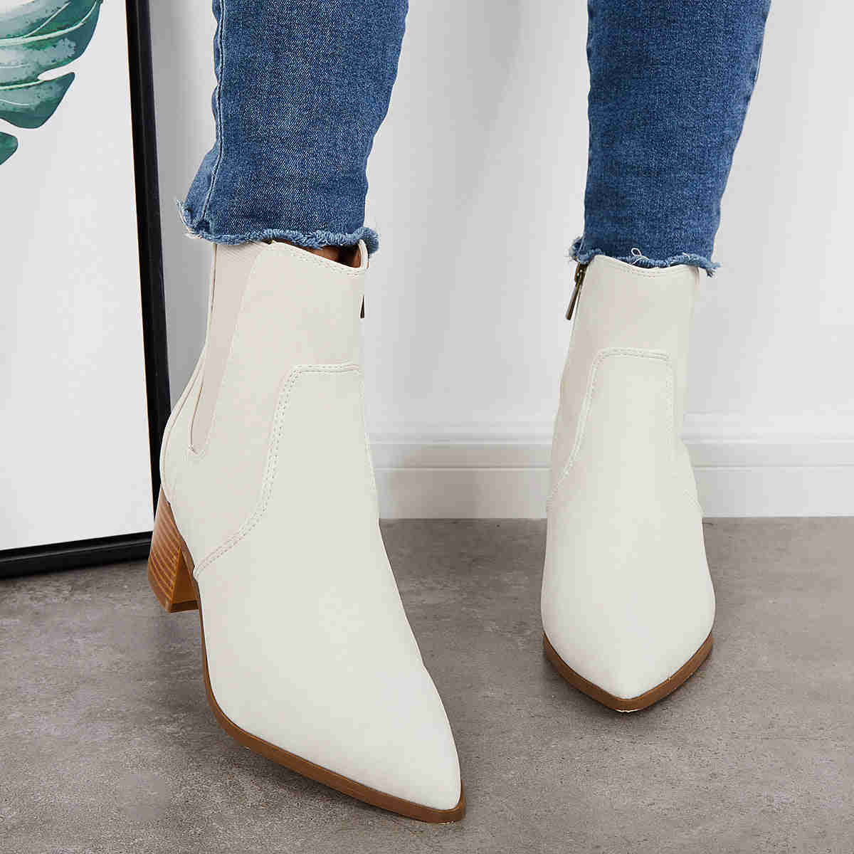 Pointed Toe Western Cowboy Booties Chunky Heel Chelsea Ankle Boots