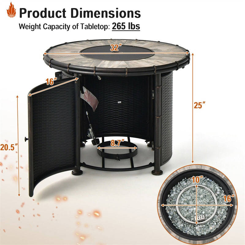 32 Round Fire Pit Table 30,000 BTU Outdoor Propane Gas Fire Pit with Fire Glasses & PVC Cover