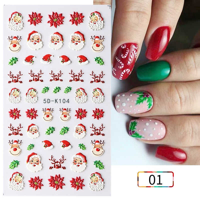 Qfdian Christmas Decor Ideas Nightmare Before Christmas 1PC 5D Nail Stickers Winter Santa Claus Self-Adhesive Slider Nail Art Decorations