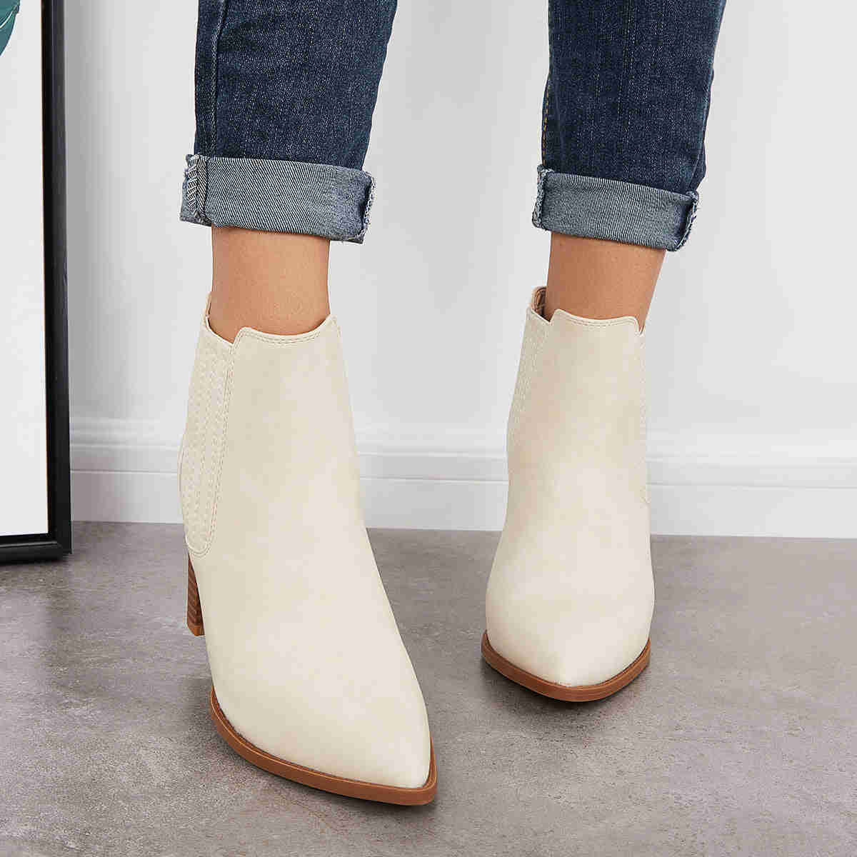 Pointed Toe Chunky High Heel Ankle Boots Slip on Western Booties