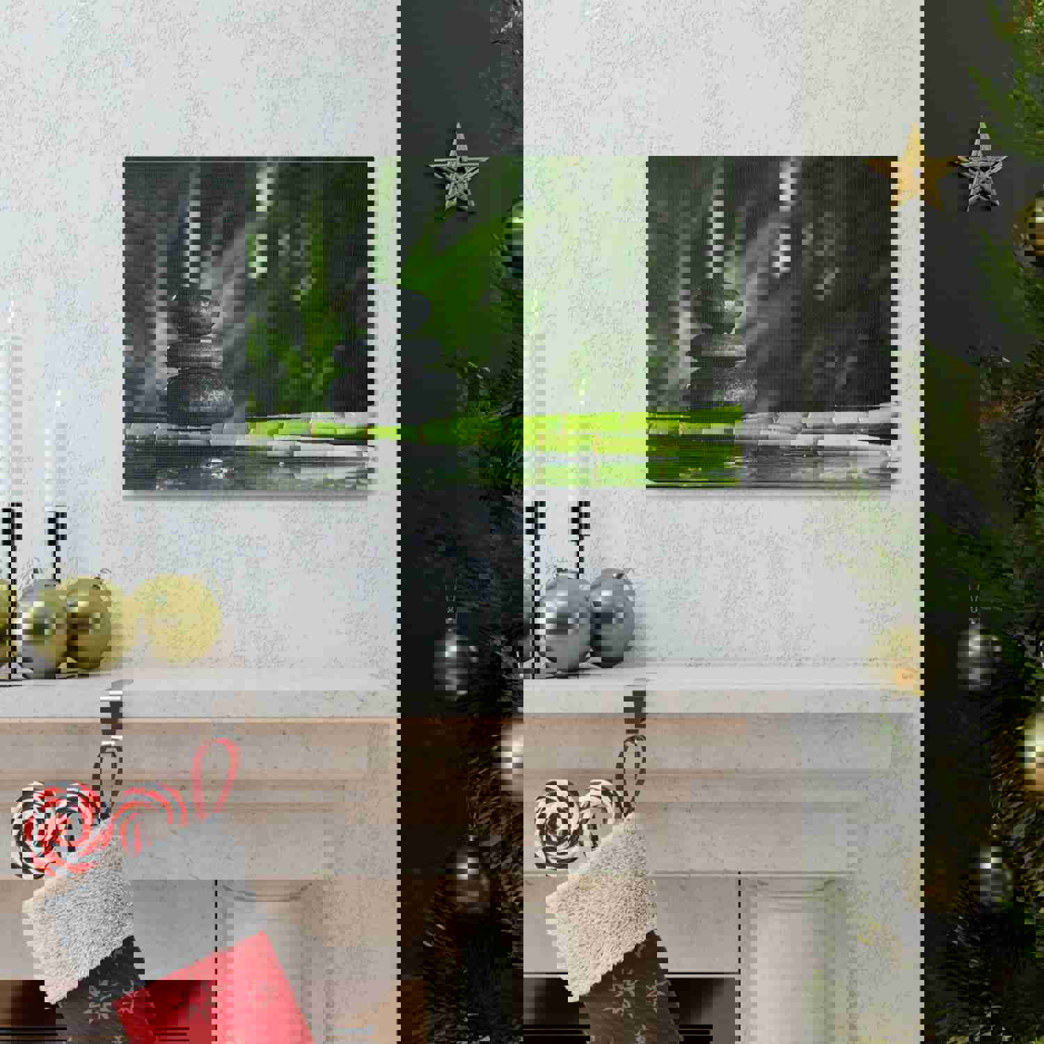 Stacked Stones on Bamboo Forest Floral Nature Photography Canvas Wall Art