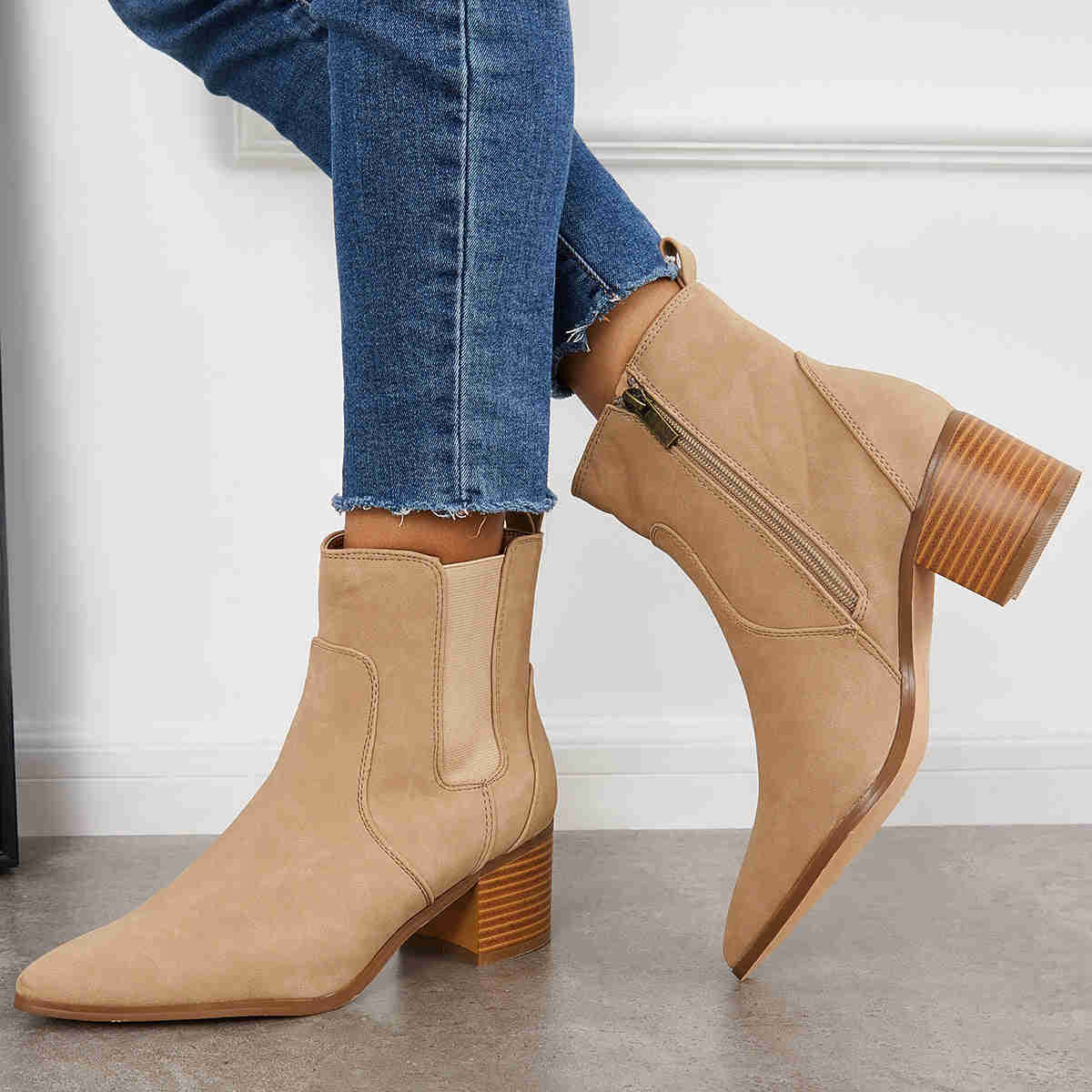 Pointed Toe Western Cowboy Booties Chunky Heel Chelsea Ankle Boots